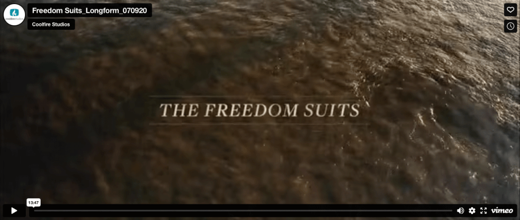 Freedom Suits longform video title frame from Coolfire Studios, used to engage potential donors.