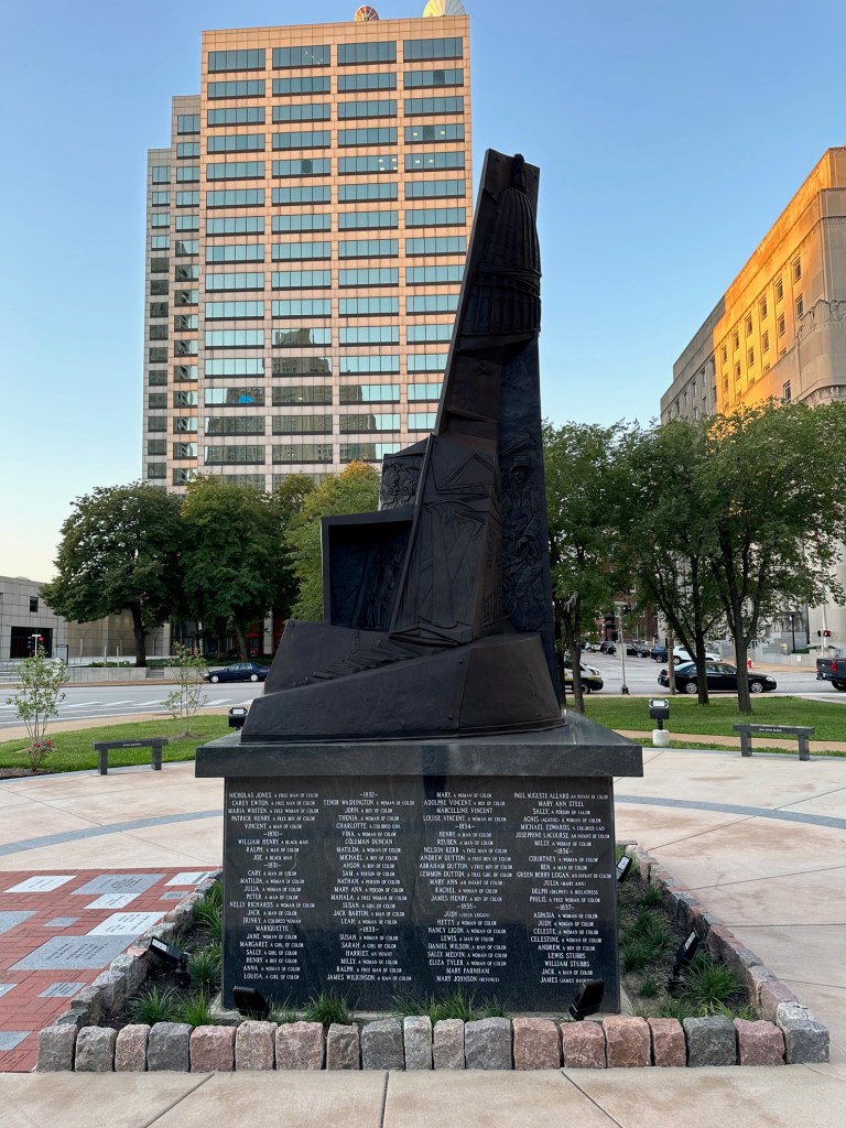 Image detail No. 1 
of artist Preston Jackson’s powerful offering of a 14-foot-tall bronze sculpture with a dynamic, visual narrative from the Freedom Suits Memorial.