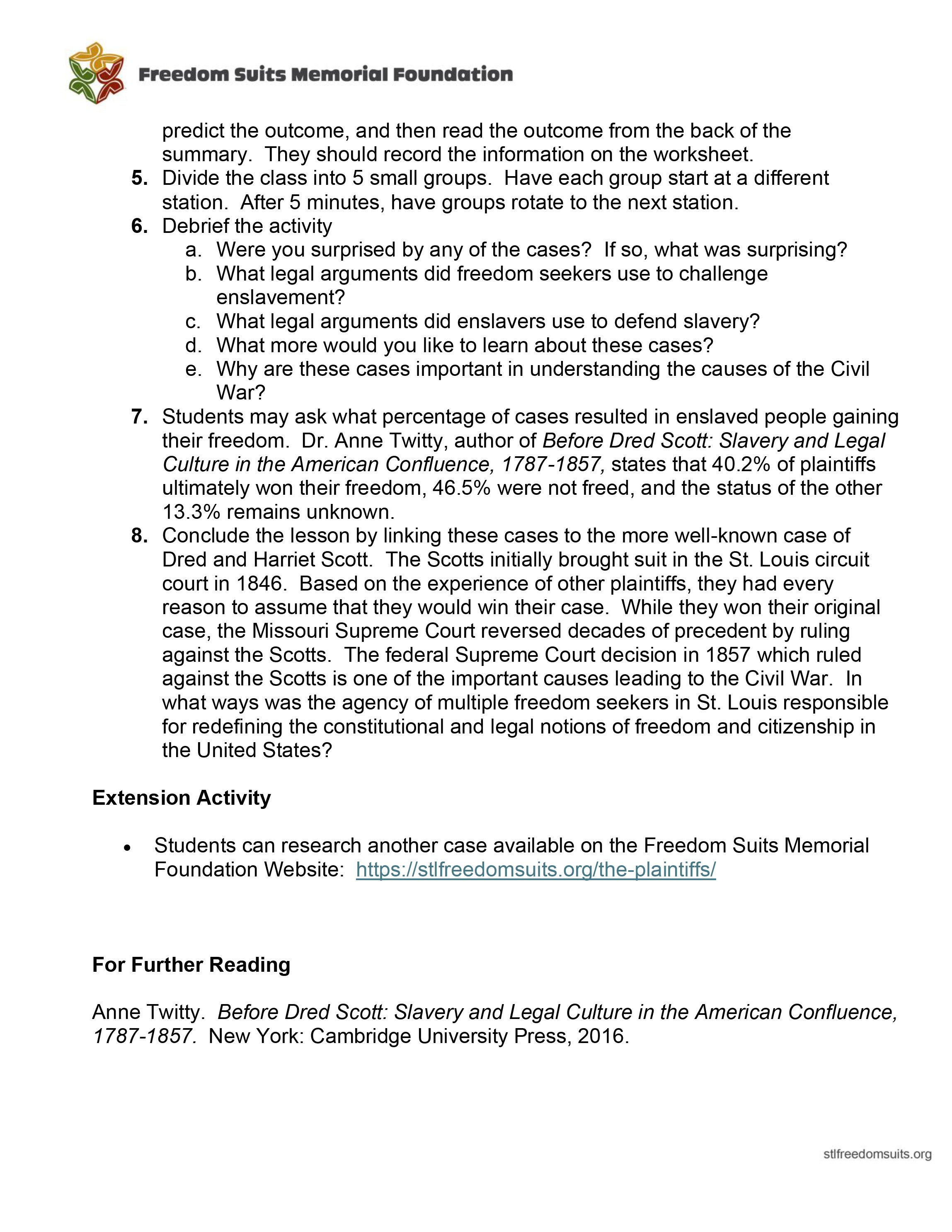 St. Louis Freedom Suits Lesson Plan analyzing the context featuring Dred and Harriet Scott decision.