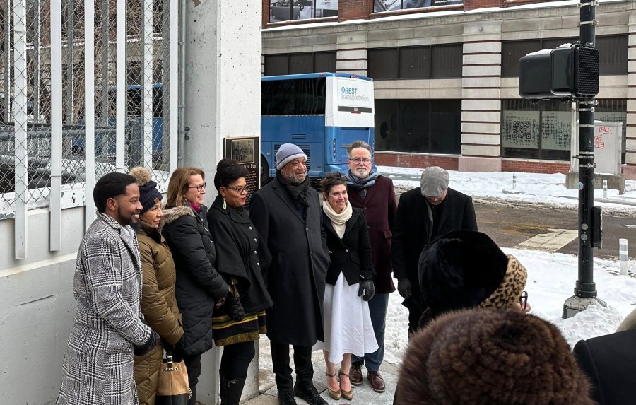 This group includes Rasheen Aldridge, Jr., Trish Gunby, Mayor Cara Spencer, Missouri Historical Society President, Jody Sowell, and Washington University Professor, Geoff Ward.